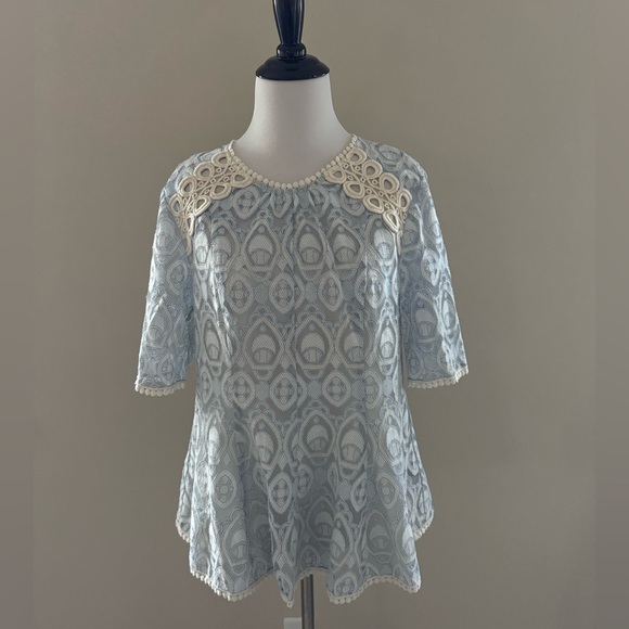 Anthropologie HD in Paris ‘Signa’ Blue Lace Peplum Top – Size 8 - Picture 1 of 4